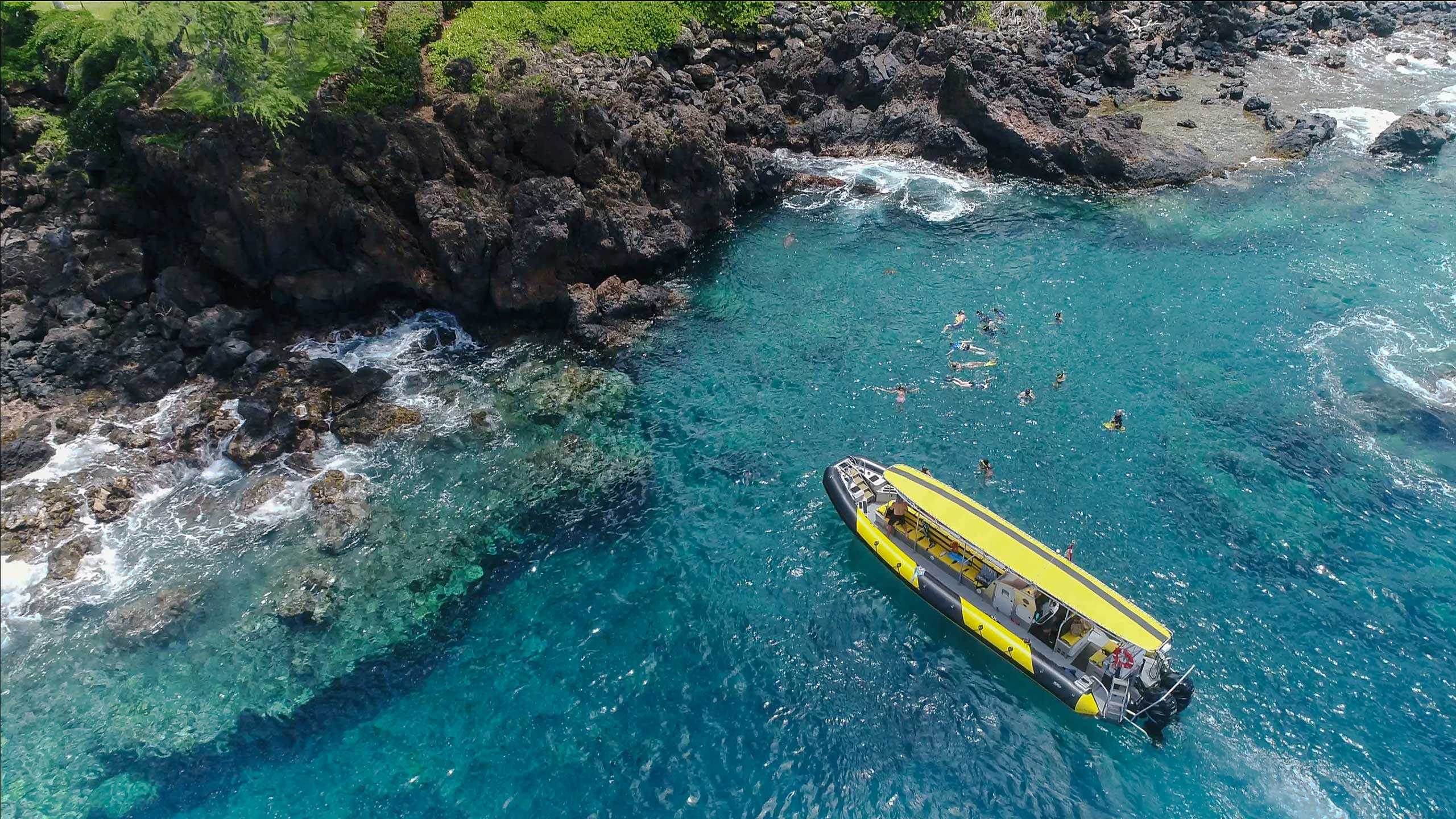 arial shot of a snorkel trip in Shark Cove in Makena